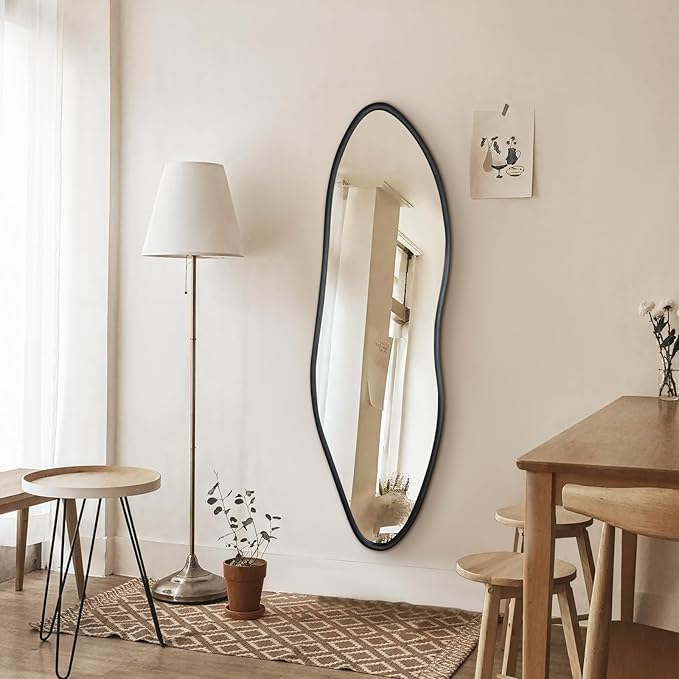 Irregular Full Length Mirror, 65"x22" Wooden Farmhouse Full Body Mirror, Large Asymmetrical Wall Mirrors for Living Room Entryway, Horizontal/Vertical, Black