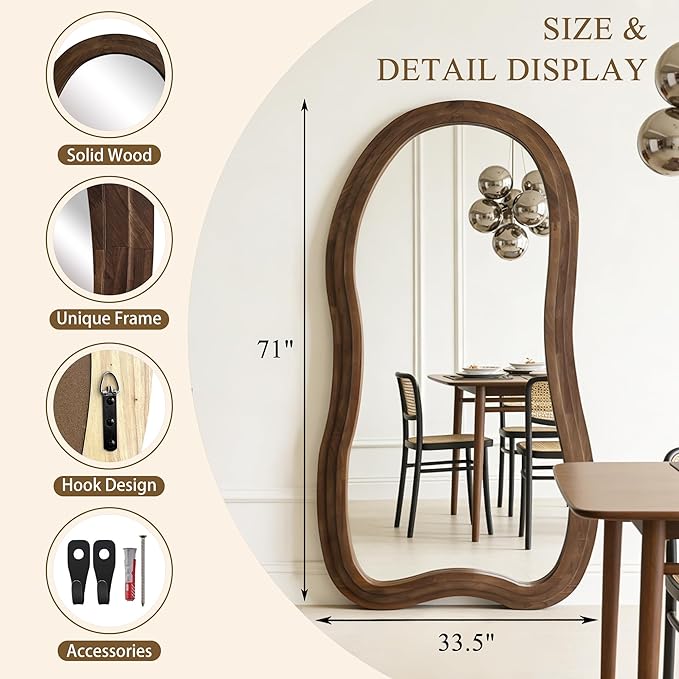 Irregular Full Length Mirror, 71"x33.5" Oversized Organic Floor Mirror with Triple-Layer Solid Wood Frame, Asymmetrical Full Body Mirrors for Living Room Entryway Hallway, Leaning/Hanging