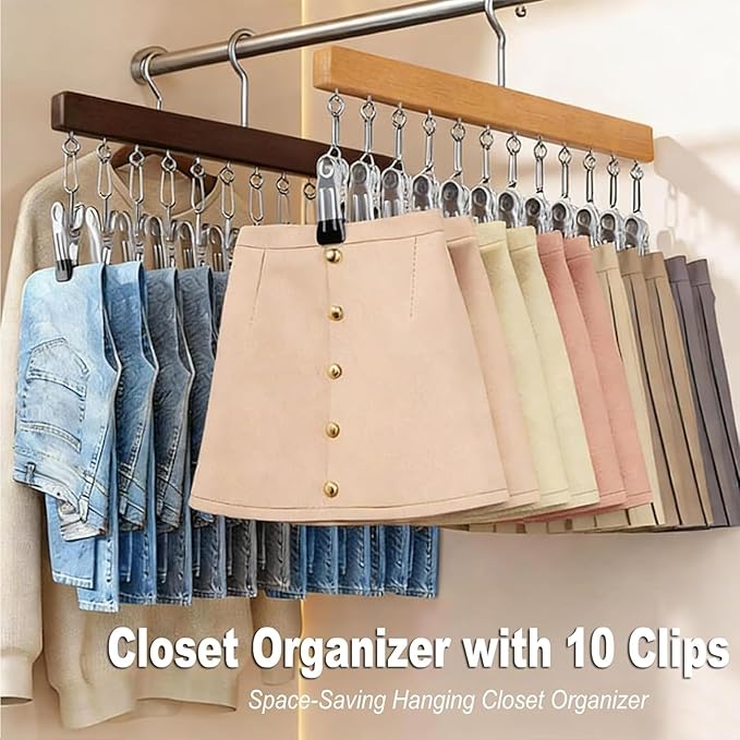 2Pcs Closet Organizer with 10 Clips, 360° Rotating Metal Hanger Clips with Silicone Lining, Space Saving Hanging Closet Organizer, Multi-Purpose Storage Hanger for Jeans Skirts Socks, Vintage Style