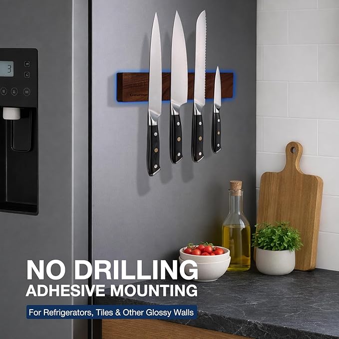 2026Updated Knife Magnetic Strip, 12” Magnetic Knife Holder for Wall, Knife Magnet, Magnetic Knife Strip, Magnetic Knife Holder for Fridge, Kitchen Essentials & Kitchen Organizer, Dark Acacia Wood