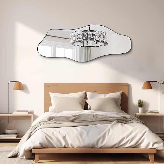 Irregular Frameless Mirror, 60"x24" Large Asymmetrical Tempered Glass Mirror, Modern Organic Shape Mirrors for Living Room Bedroom Hallway Entryway, Hangs Vertically or Horizontally