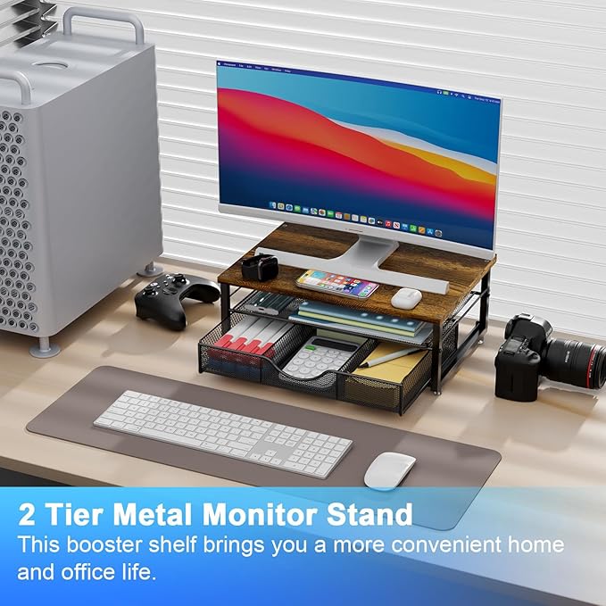 gianotter Computer Monitor Stand Riser, office organizer with Drawer, Office Organizers Storage for Classroom Office Supplies (Wood)