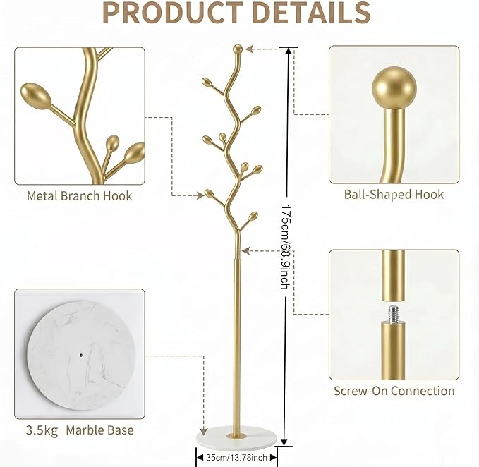 Tree Branch Gold Powder Coated Freestanding Coat Rack with 13.8in Marble Base, 8-Hook Heavy Duty for Entryway