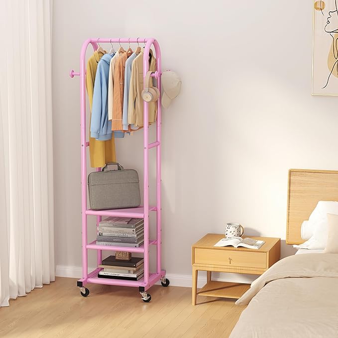 Dttwacoyh Hall Tree with Wheels and Hanging Hooks, Entryway Clothing Rack with Shoe Shelves,Pink Decorative Freestanding Metal Garment Rack Suitable for Hallway,Bedroom and Bathroom – Pink