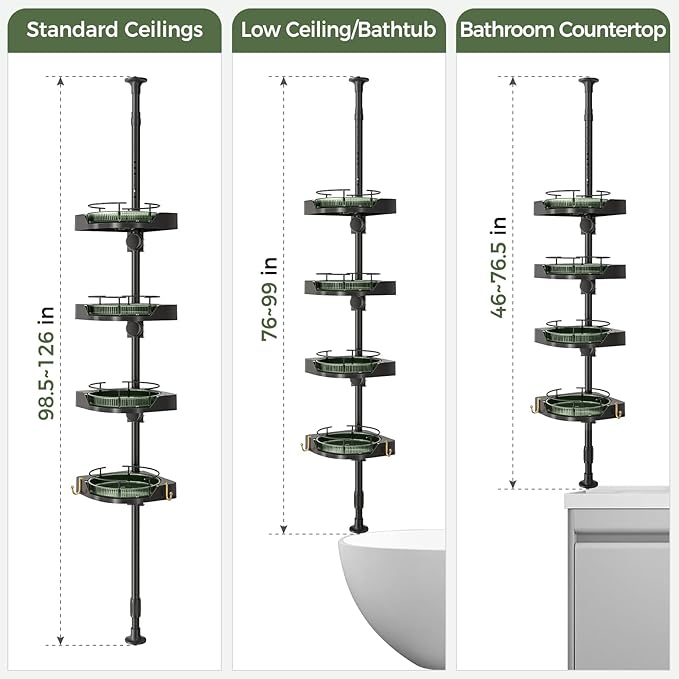 akinbas Shower Caddy Tension Pole with 4 L-Lazy Susan Organizer 360 Rotating 35-128 Inch No Drilling Floor Standing Shelves Adjustable Shower Rack for Bathroom Corner (Black+Green)