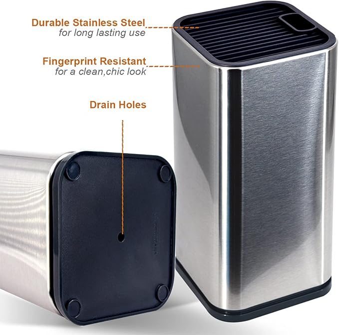 Stainless Steel Universal Knife Block Holder with Slots for Scissors or Sharpening Rod, Space Saver Knife Storage, Detachable for Easy Cleaning, Square Knife Holder For Safe