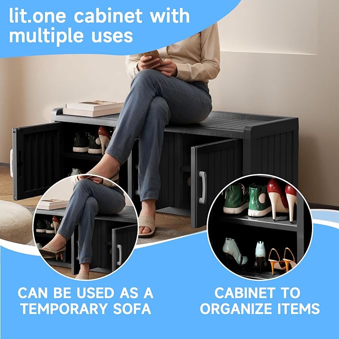 3 Doors Shoe Bench, Waterproof & UV-Resistant, Resin Shoe Cabinet Indoor & Outdoor Use, Entryway Bench with Adjustable Shelves & Hidden Storage Space for Bedroom, Hallway, Grey