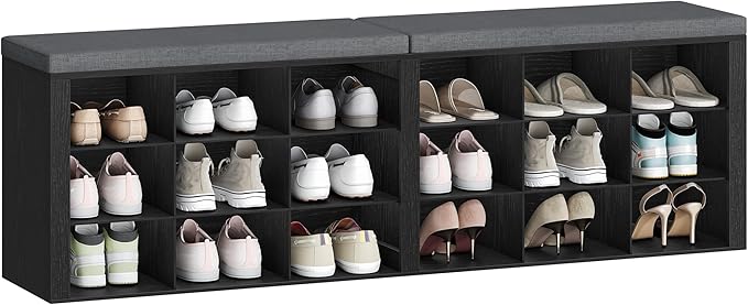 Hzuaneri Shoe Storage Bench with Cushion, Entryway Storage Bench with 18 Cubbies, 9.5" Widened Organizer Cabinet, Long Cubby Rack for Living Room, Bedroom, Entryway, Black SB25704GY