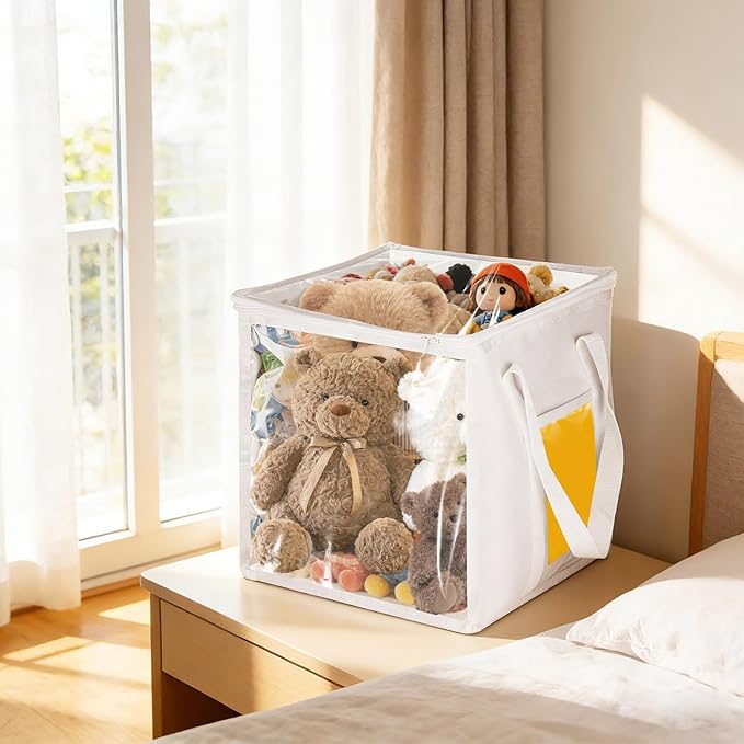 4 Pack Clear PVC Storage Bins with Handles - 12" x 12" Cube Storage Bins Foldable Transparent Storage Box, PVC Organizer Boxes for Clothes, Toys and Stuffed Animal Storage (White)