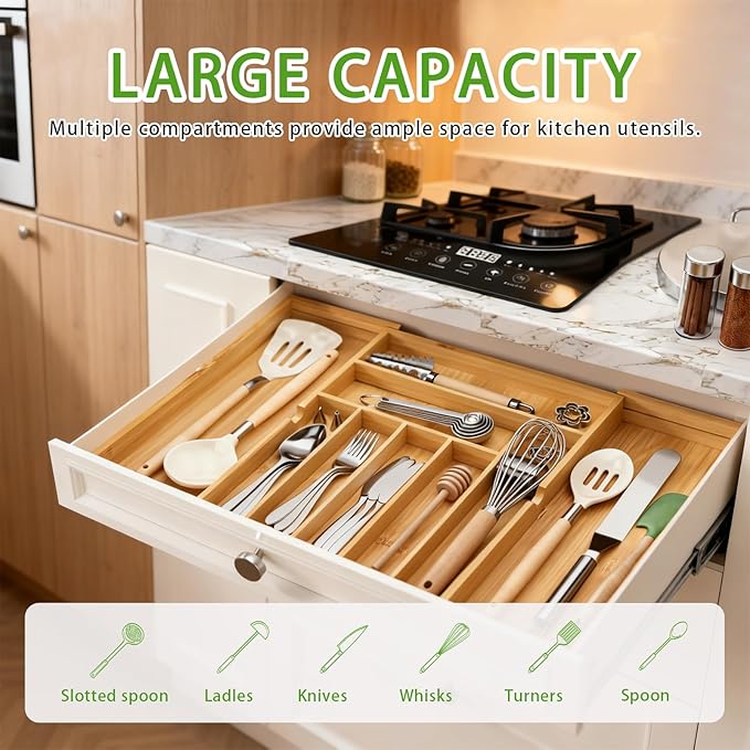 Bamboo Expandable Silverware Drawer Organizer, Adjustable Utensil Tray Cutlery Holder for Kitchen Drawer, Flatware Storage Organizer for Spoons, Forks and Knives, Natural 8 Slot