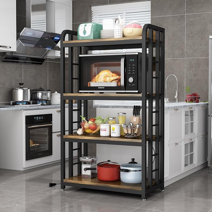 SIREDEEP Bakers Rack with Power Outlet ，4-Tier Kitchen Baker's Rack,Microwave Stand with Storage Suitable for Kitchen, Living Room, Dinning Room，Coffee Bar(Rustic Brown)