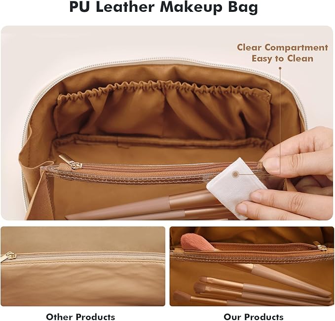 Prite Makeup Bag for Women Travel Waterproof Vegan Leather Cosmetic Bag Open Flat Toiletry Bag With Clear Divider and Handle (New Brown, Medium)