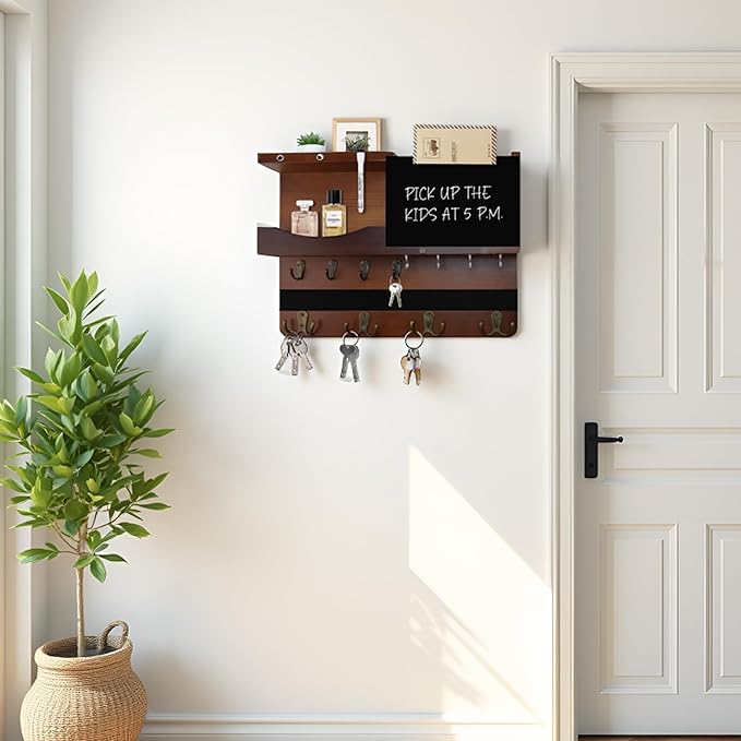 Key Holder for Wall Mount with Shelf and Mail Organizer, Key and Mail Holder with 16 Hooks, Farmhouse Entryway Organizer, Home Decor Rack(Pine Wood, Brown)