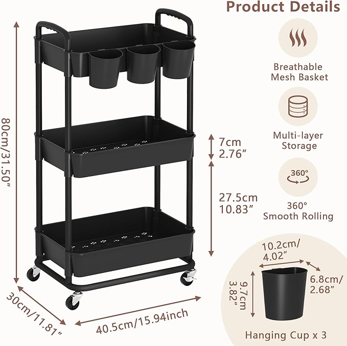 3-Tier Baby Diaper Caddy Organizer Cart with Locking Wheels & Hanging Cups - Rolling Storage Cart for Nursery, Changing Table, Baby Essentials, Black