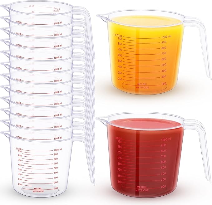TOODOO 12 Pcs 4 Cup/32 oz Measuring Cups Capacity Clear Plastic Measuring Cups with Spout and Handle Grip 1000 ml Marking for Oil Flour, Water, Liquid, Ingredient