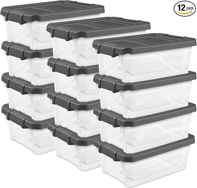 Sterilite 12-Pack Modular Stacker Box, Durable Clear Plastic Storage Bins with Latching Lids, 16 Quart - Stackable Organizing Container Boxes for Closet, Bathroom, and Office