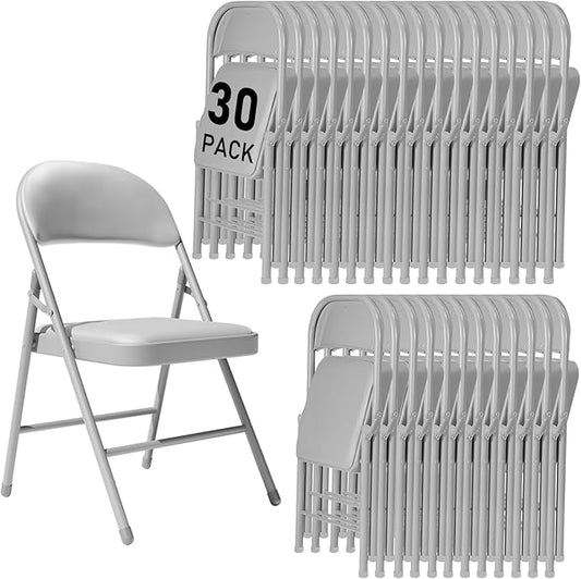 30 Pack Gray Folding Chairs with Padded Cushion and Back for Outside Portable Stackable Commercial Foldable Chairs with Steel Frame for Events Office Wedding Party, 350lbs Capacity