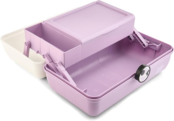 Caboodles School Spirit On-The-Go Girl Makeup Box, White Over Lavender, Hard Plastic Makeup Organizer Box, Built-In Mirror, Secure Latch for Safe Travel, Spacious Storage for Large Items