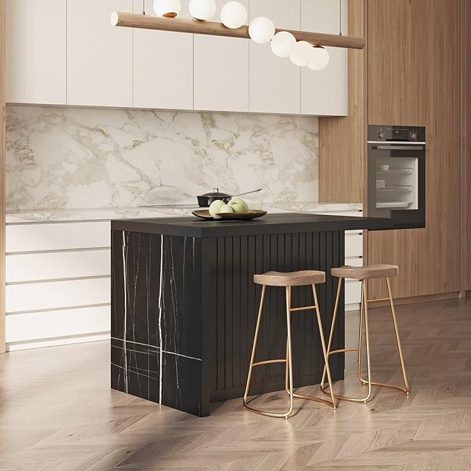 homary Kitchen Island with Storage & Wine Rack, 50" Modern Black Kitchen Cabinet with Wood Top, Large Fixed Island with 3 Drawers & 6 Adjustable Shelves