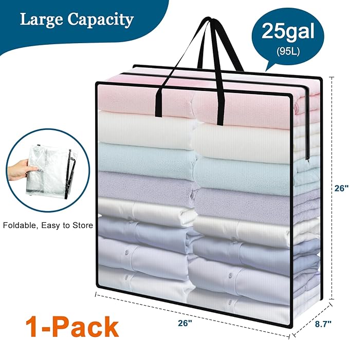 95L Under Bed Storage Bag, 1-Pack Clothes Storage Bag, Clear Bag for Quilt Pillow Blanket Bedding Storage or Wreath Closet Organizer Home Storage