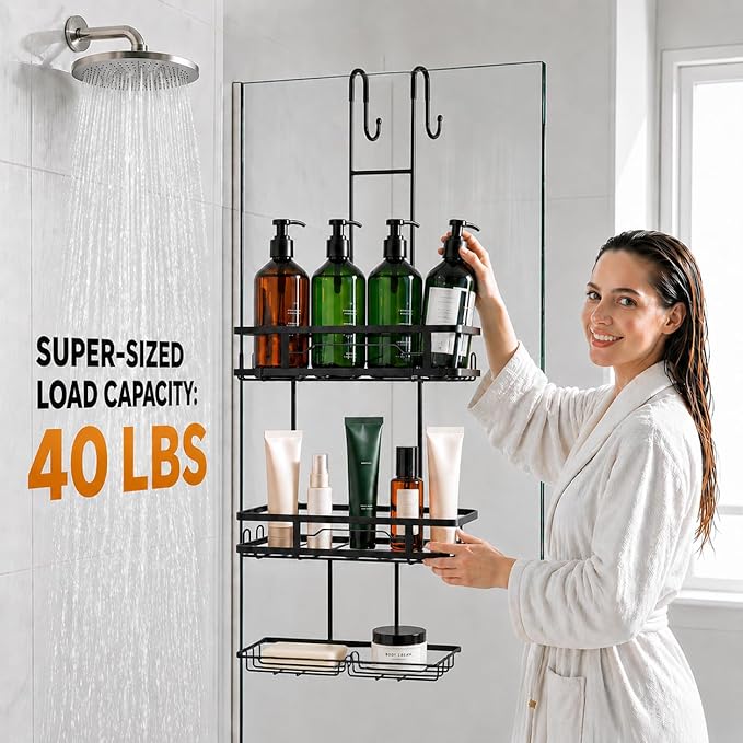 OMAIRA Over The Door Shower Caddy Hanging, 3-Tier Shower Organizer Hanging with 8 Hooks & Soap Holder, Height-Adjustable Rustproof Bathroom Shelf for Shower Door, No Drilling Storage Rack, Black
