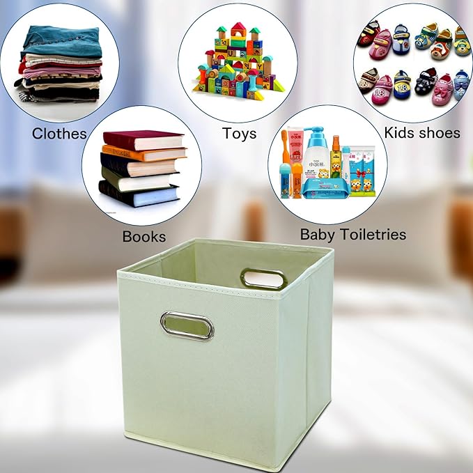 STOREONE Fabric Storage Bins Cubes Baskets Containers-(11X11X11) with Dual Handles Cube Storage Organizer Bins for Shelf Closet, Bedroom Organizers, Foldable Set of 6 (Creamy- White )