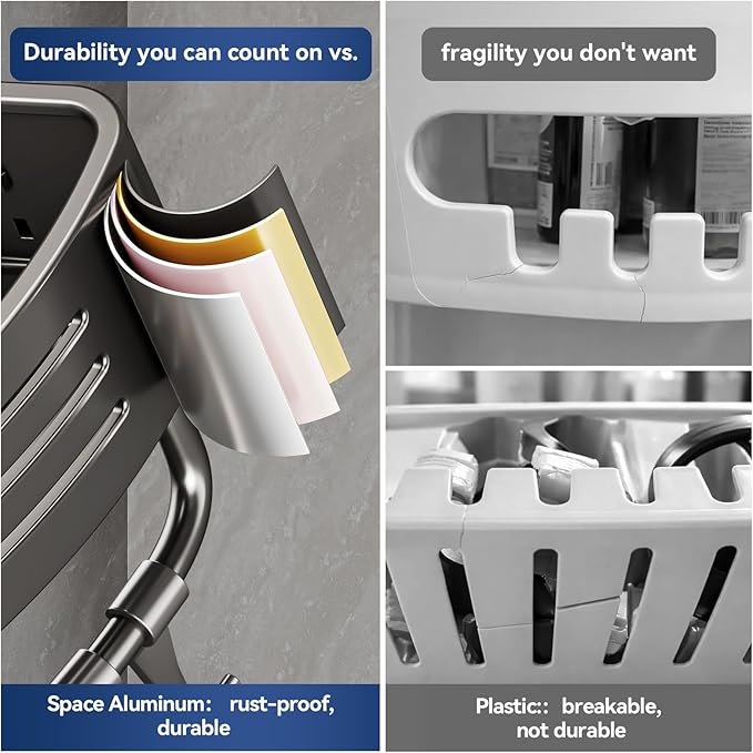 Corner Shower Caddy Suction Cup – Rustproof Aluminum Triangle Shelf with Hooks & Towel Bar, Laungborf No-Drill Wall Storage for Bathroom Kitchen Laundry (Matte Gray, 1 Pack)