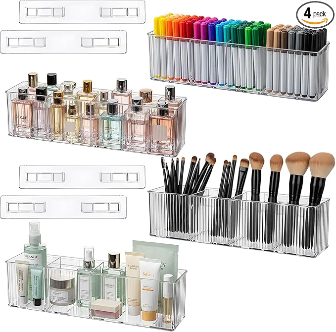 4 Pack Wall Mount Makeup Organizer, 14" Plastic Bathroom Storage Organizer with 3 Compartments, Clear Adhesive Shower Floating Shelf Cabinet Door Organizer for Wall Narrow Space Office