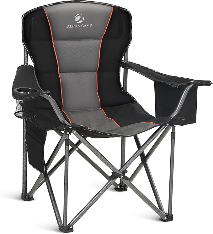 ALPHA CAMP Camping Chairs 350LBS Capacity, Heavy Duty Folding Chair with 4-Can Cooler Bag, Portable Outdoor Chair with Cup Holder for Adults, Collapsible for Tailgating, Beach, Fishing