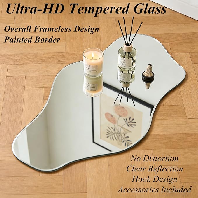 Irregular Wall Mirror, 60"x24" Large Asymmetrical Tempered Glass Mirror, Modern Silver Organic Frameless Mirrors for Living Room Bedroom Hallway Entryway, Horizontal or Vertical Hanging