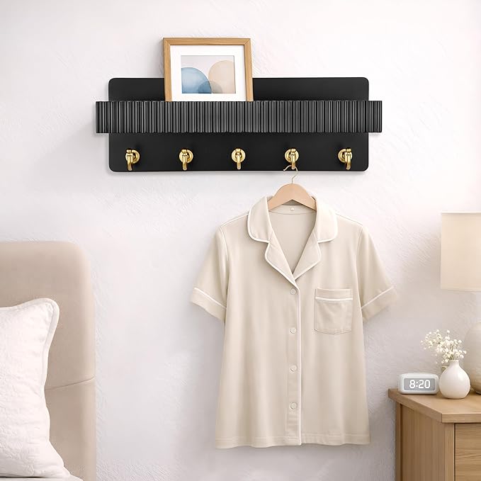 Key Holder Wall Mount, 14" Wooden Entryway Key and Mail Organizer with 5 Metal Hooks, Decorative Key Hanger Rack for Bag, Coat, and Dog Leash, Black