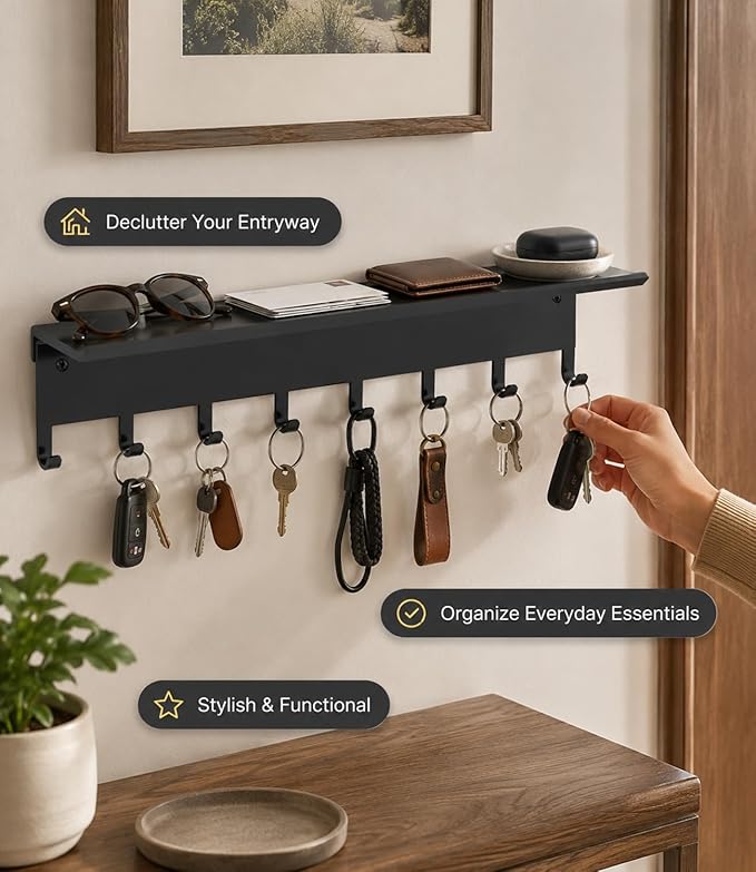 Key Holder Hooks Organizer Hanger Rack Wall Mounted Sweet Home Metal Decor Stylish and Practical for Entryway Front Door Kitchen Hallway Garage Mudroom Office Hardward Included Black (Key hook shelf)