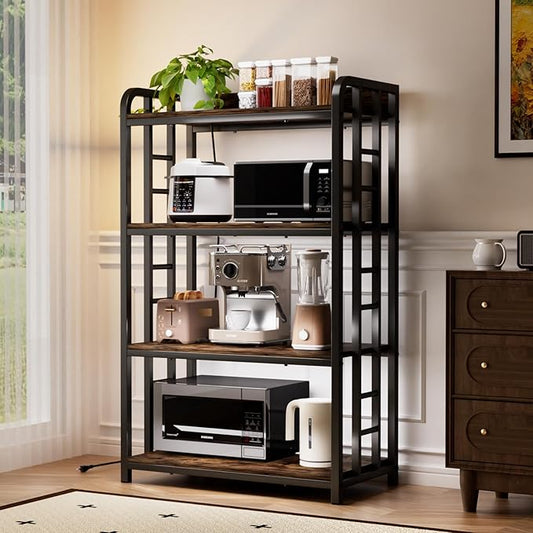 4 Tier Bakers Rack for Kitchens, Adjustable Microwave Stand with Storage, Metal Storage Shelves for Dinning Room Coffee Bar, Rustic Brown