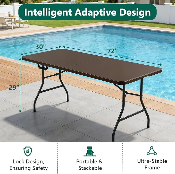 Folding Table 2 Pack, 6FT Heavy Duty Plastic Table with Handle, Foldable&Portable, Fold-in-Half Utility Tables for Outdoor, Dining, Wedding, Events, Indoor, Picnic, Camping, Party,Brown