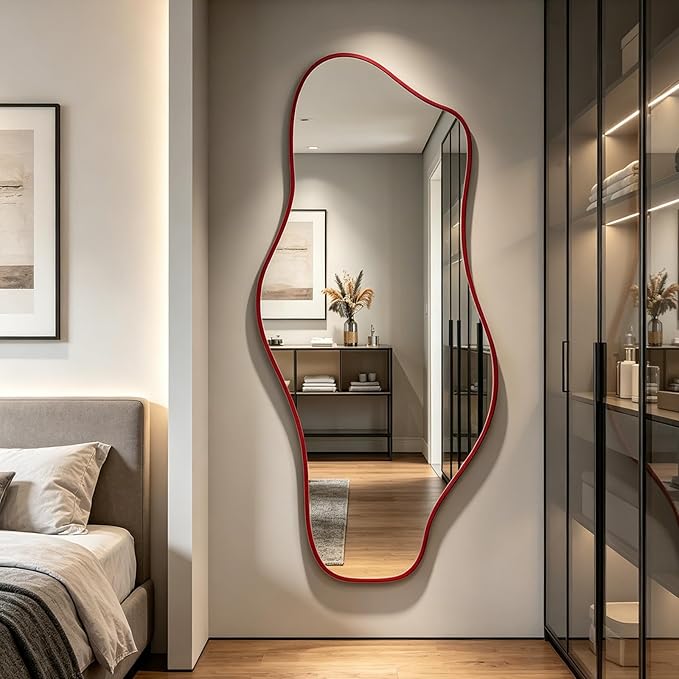 Large Irregular Mirror, 63"x30" Asymmetrical Tempered Glass Wall Mirror, Red Modern Organic Frameless Mirrors for Living Room Bedroom Hallway Entryway, Horizontal or Vertical Hanging