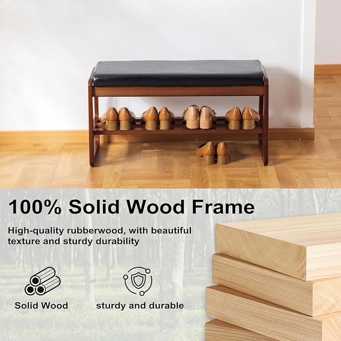SOBIBO Solid Wood Shoe Bench, 2-Tier Wooden Entryway Bench, Modern Shoe Rack with Faux Leather Cushion for Hallway, Living Room (Green, 31.5'')