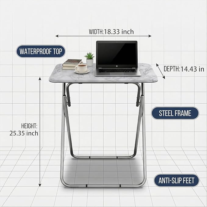 Tv Trays Folding Tv Table, Dinner Table for Eating with Sturdy Metal Frame, Small Foldable Snack Trays Table for Living Room, Couch,Sofa, Bed, No Assembly Required (White Marble 2-Piece Set)