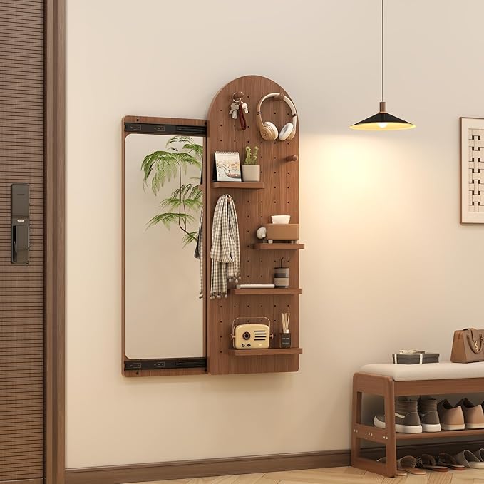 KungFuWood Full Length Mirror with Shelf and Hooks,Entry Way Mirrors for Wall,Wall Mirror with Shelf,Wall Mirror with Storage Multifunctional Design Panel,Living Room (Deep Walnut, 52.4" L x 19" W)