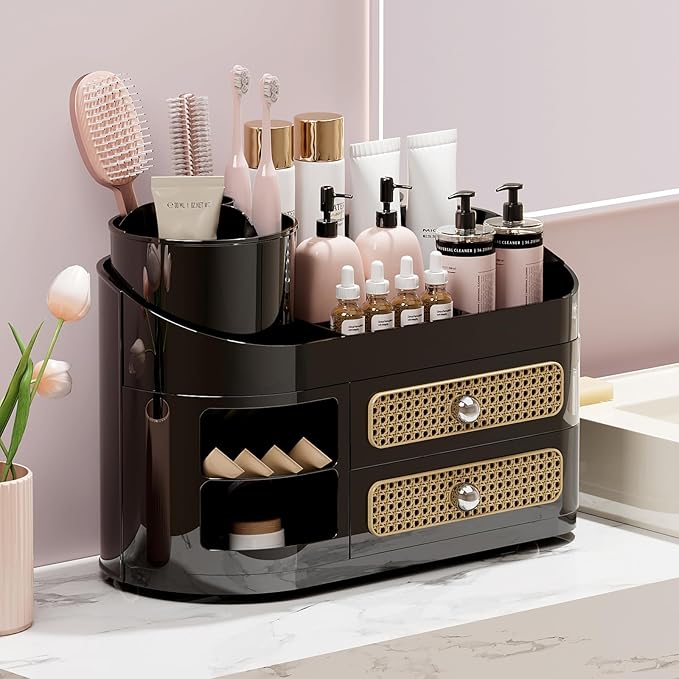UFORU Makeup Organizer with Rotating Brush Holder, Bathroom Countertop Organizer with 2 Drawers, Easy to Store Hair Brush, Lipsticks, Perfumes, Skincare, Black
