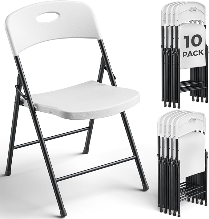 10 Pack White Folding Chair, Plastic Portable Stackable Commercial Seats with Steel Frame 350lb, Heavy Duty Foldable Chair for Indoor and Outdoor, Patio, Office, Picnic, Kitchen, Events
