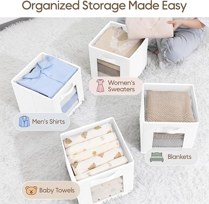 Homsorout Storage Cube 11 Inch - Cube Storage Bins with Window, Closet Storage Baskets with Handle, Fabric Bins for Closet, Shelves, Toys, Clothes, Set of 16, White
