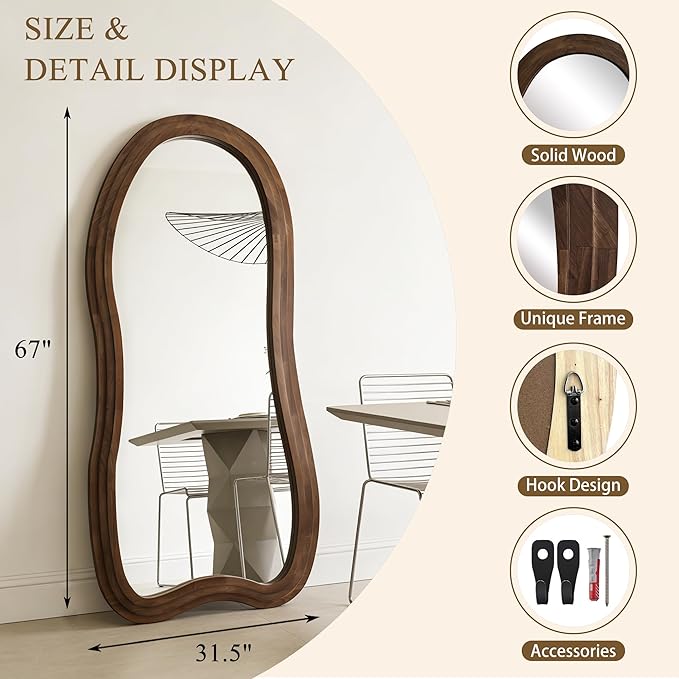 Large Irregular Floor Mirror, 67"x31.5" Asymmetrical Full Length Mirror with Triple Layer Solid Wood Frame, Organic Shaped Mirrors for Living Room Entryway Hallway Bedroom, Leaning/Hanging