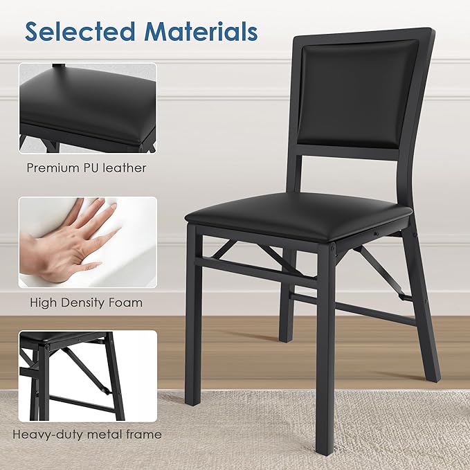 VECELO Folding Chairs Set of 2 with Cushion, Foldable Padded Seats with Heavy Duty Metal Frame for Kitchen/Dining/Living Room, No Assembly & Space Saving Design, Black
