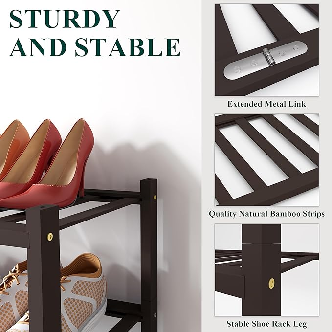 Smiry Bamboo Shoe Rack, 4 Tier Free Standing Wooden Shoe Organizer, Stackable Wood Shoe Storage Shelf for Closet, Entryway, 12 Vertical Slats, 2+2 Stack Standard Legs, 26.8"x11"x26", Brown