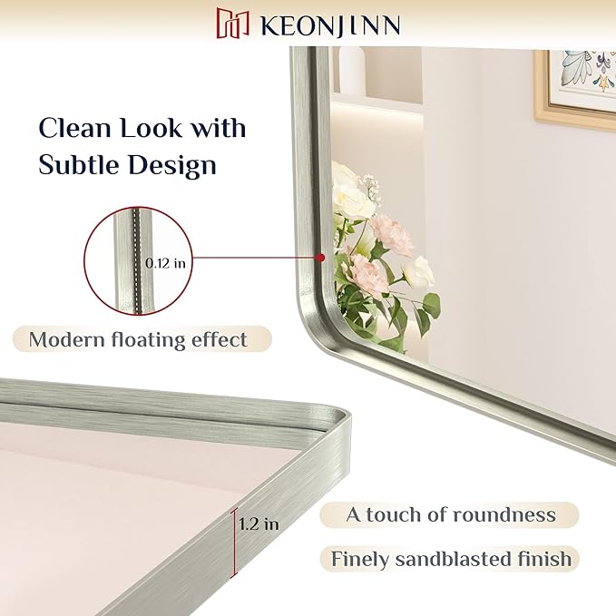 Keonjinn 22 x 30 Brushed Nickel Bathroom Mirrors for Over Sink, Rounded Rectangle Bathroom Vanity Mirror, Brushed Silver Framed Farmhouse Mirror, HD Tempered Glass Wall Mirror(Horizontal/Vertical)