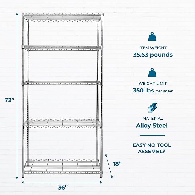 Honey-Can-Do 5-Tier Heavy Duty Adjustable Shelving Unit with Wheels, 350-lb Per Shelf NSF Certified Rolling Metal Storage Rack, Chrome Wire Shelf, 36 x 18 x 72 in