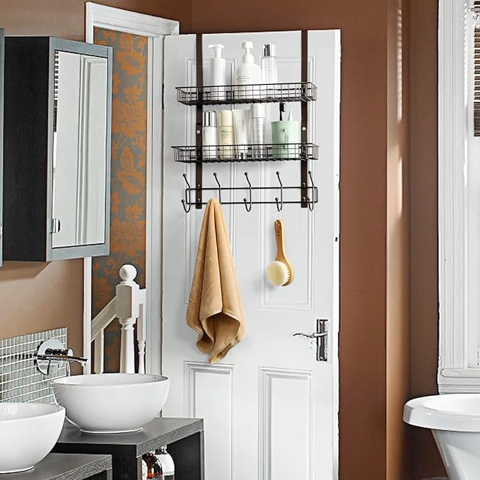 OYEAL Over The Door Hook Rack with 5 Hooks 2 Baskets Steel, Sturdy Durable Coat Rack Towel Hooks Hanging Organizer Shelves for Home Bedroom Bathroom Kitchen, Brown