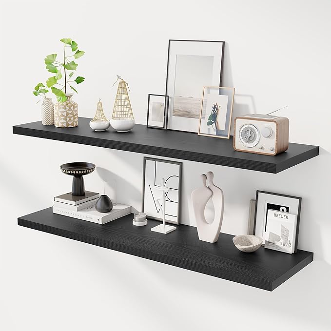 Dreamland 48" Floating Shelves for Wall, 12" Deep Slim Black Floating Shelves, Wall-Mounted Shelves for Bedroom, Living Room, Kitchen, Bathroom - Set of 2