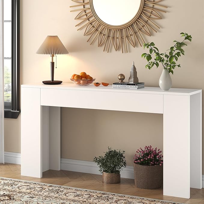 knoworld 63-Inch Long Console Table with LED Light, Farmhouse Sofa Table Behind Couch, Wooden Console Table for Entryway Hallway Entrance Living Room, White
