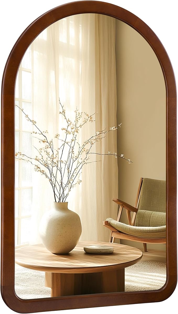 Arched Mirror 30 x 48 Inch,Walnut Brown Wood Rustic Bathroom Tempered Wall Mirror with Wood Frame,Round Corner Arch Farmhouse Wooden Vanity Mirror for Living Room,Entryway or Bedroom